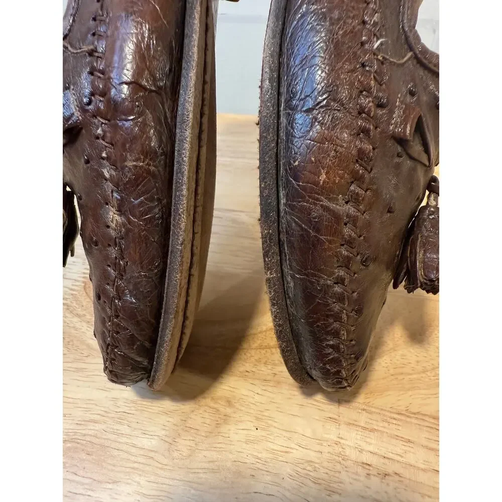 Zelli Made in Italy Ostrich Leather Slip On Loafer Shoes w Tassels Size 8.5 M JL